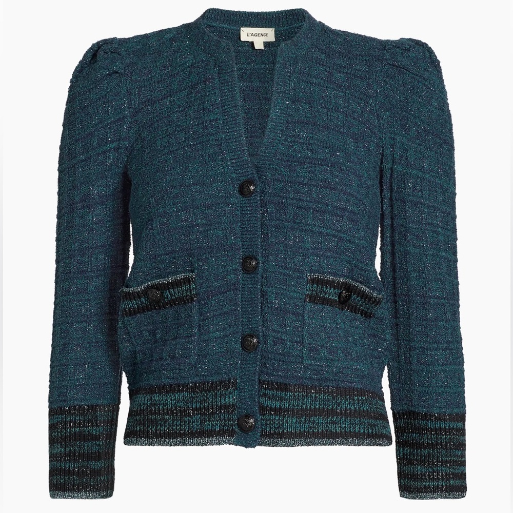 L'AGENCE Jenni Waffle-Knit Cardigan in Deep Teal Multi size XL